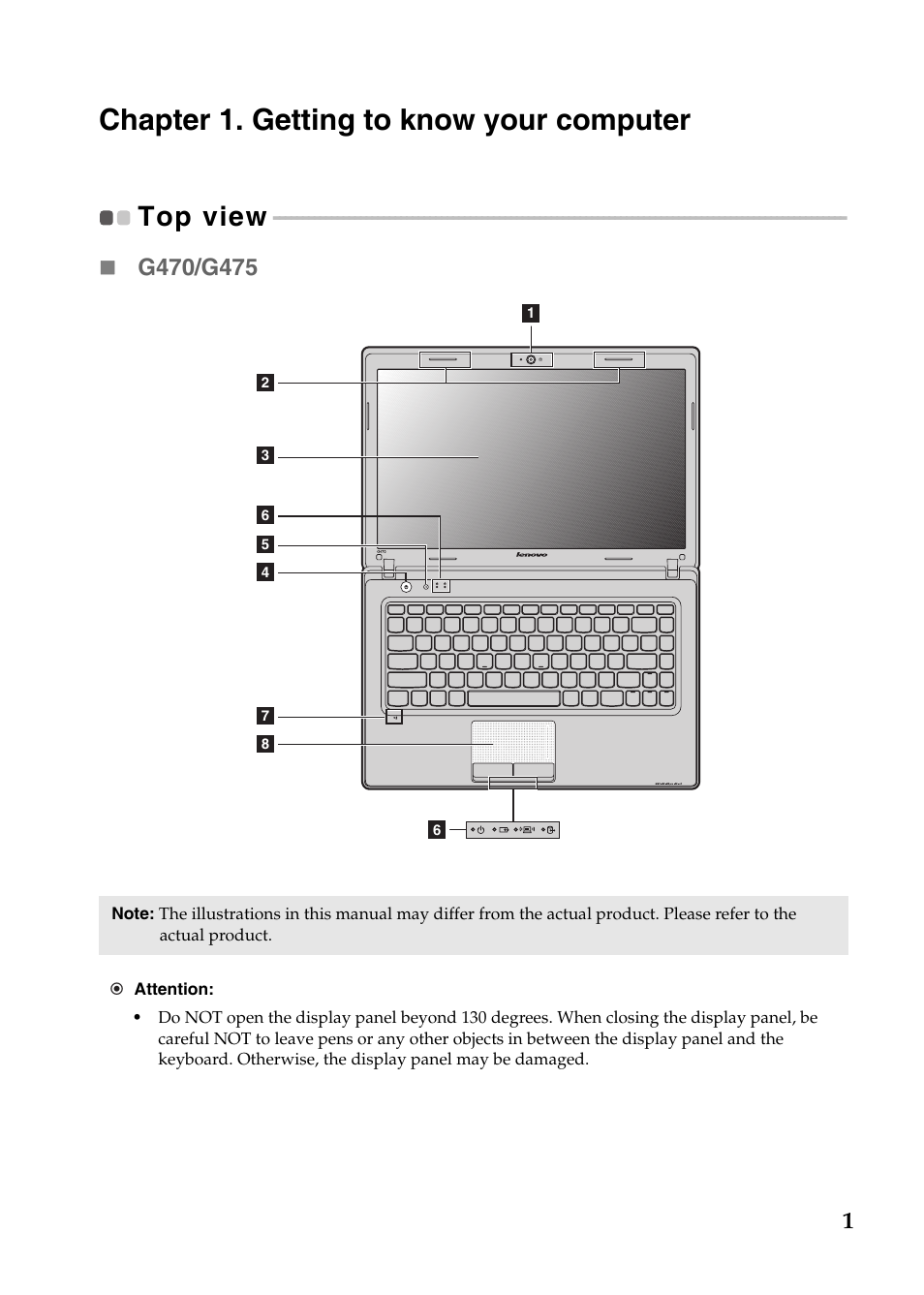 Chapter 1. getting to know your computer, Top view | Lenovo G570 Notebook User Manual | Page 5 / 49