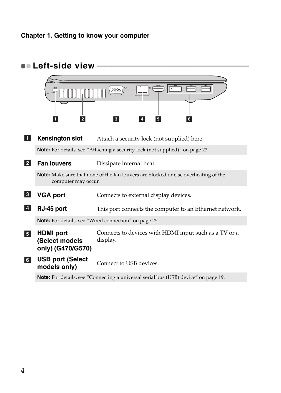 Left-side view | Lenovo G570 Notebook User Manual | Page 8 / 49