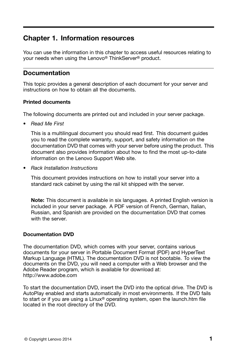 Chapter 1. information resources, Documentation | Lenovo ThinkServer RD340 User Manual | Page 17 / 46