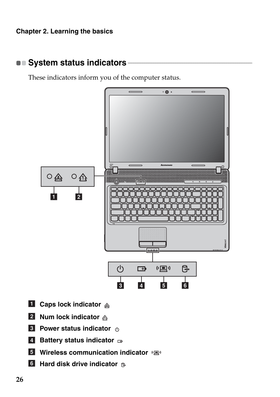 System status indicators | Lenovo IdeaPad Z565 User Manual | Page 30 / 72