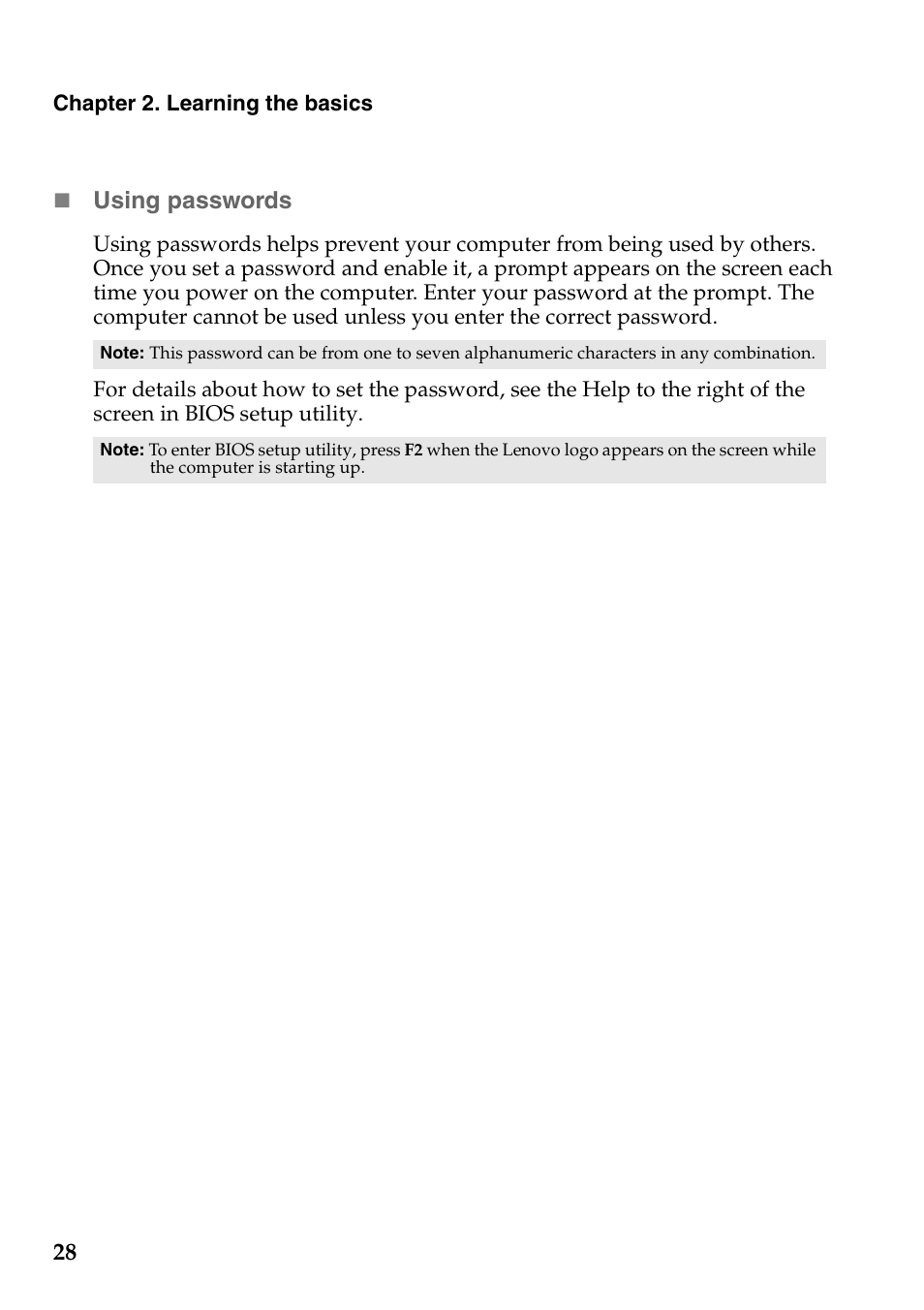 Using passwords | Lenovo IdeaPad Z565 User Manual | Page 32 / 72