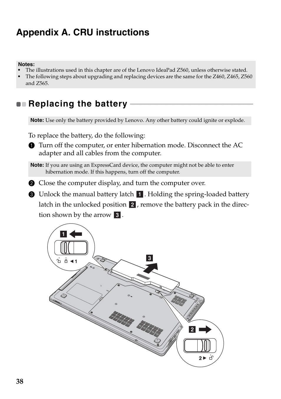 Appendix a. cru instructions, Replacing the battery | Lenovo IdeaPad Z565 User Manual | Page 42 / 72