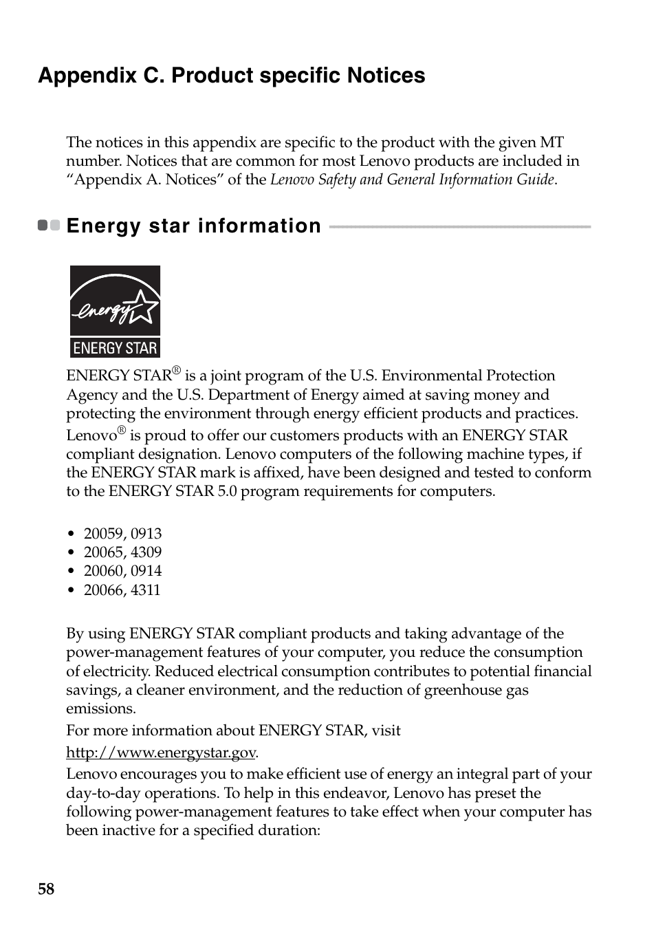Appendix c. product specific notices, Energy star information | Lenovo IdeaPad Z565 User Manual | Page 62 / 72