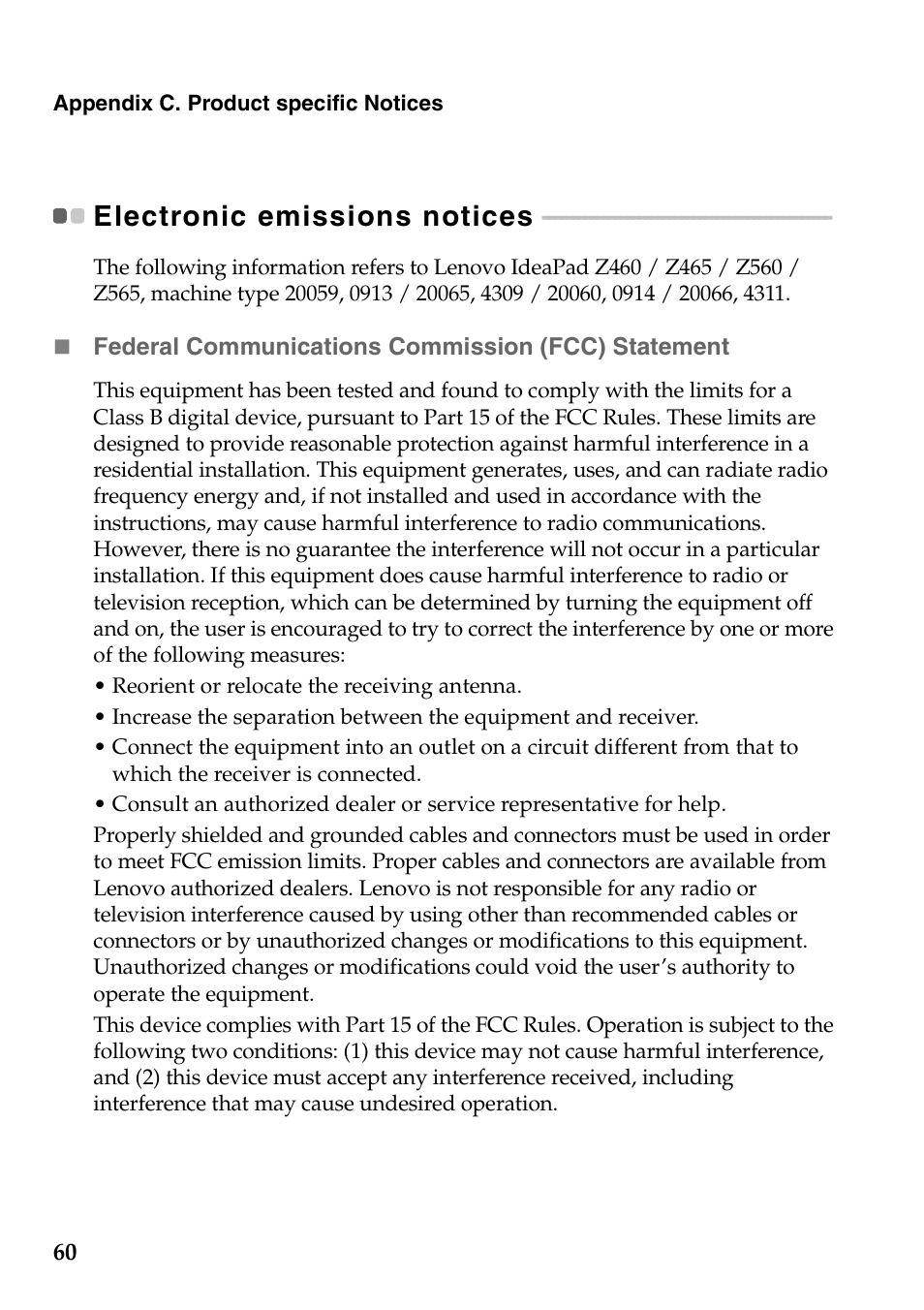 Electronic emissions notices | Lenovo IdeaPad Z565 User Manual | Page 64 / 72