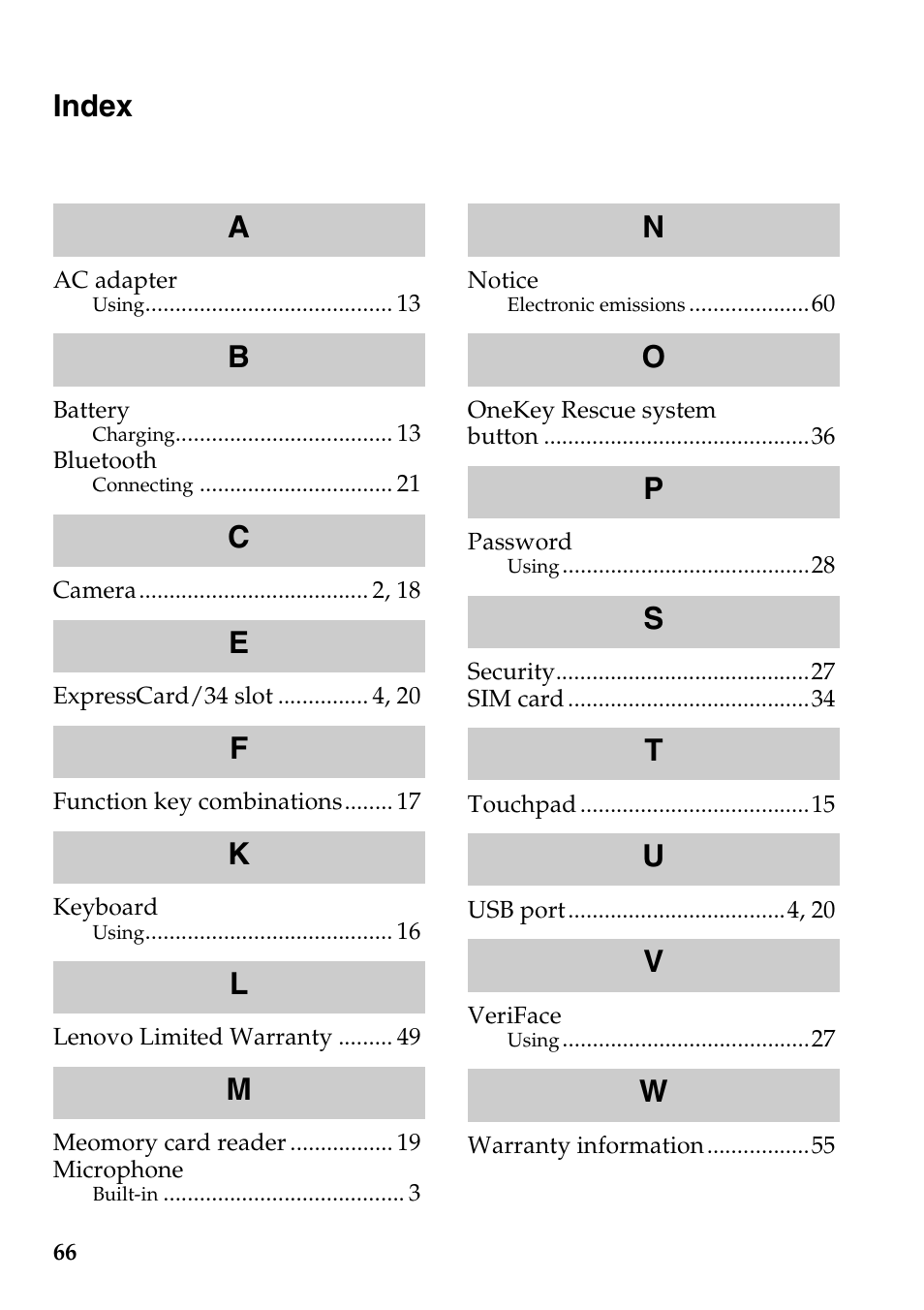 Index | Lenovo IdeaPad Z565 User Manual | Page 70 / 72