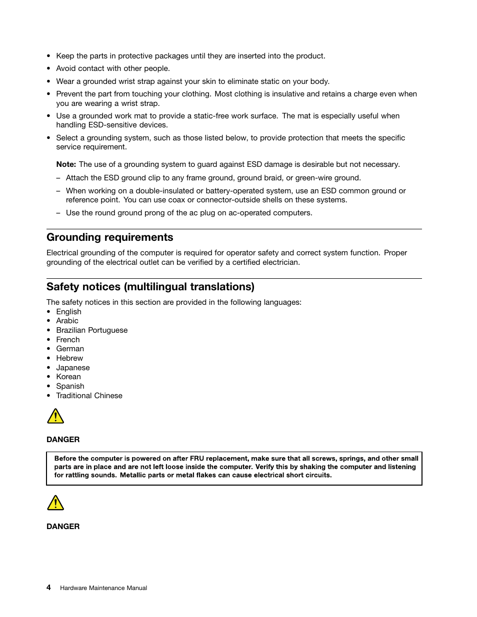 Grounding requirements, Safety notices (multilingual translations) | Lenovo V480s User Manual | Page 10 / 82