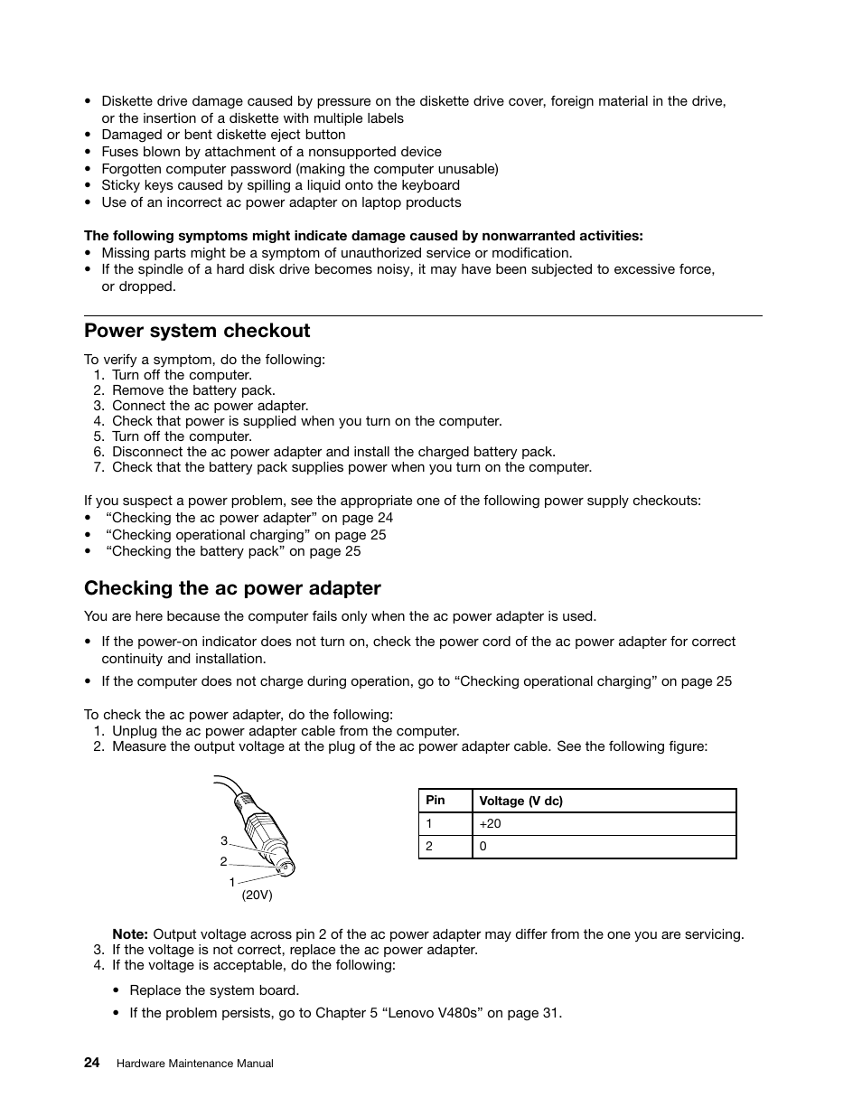 Power system checkout, Checking the ac power adapter | Lenovo V480s User Manual | Page 30 / 82