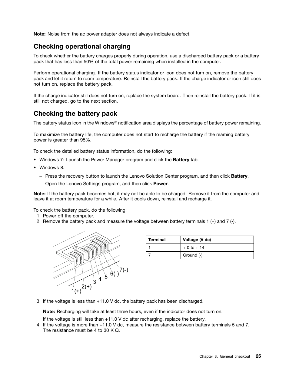 Checking operational charging, Checking the battery pack | Lenovo V480s User Manual | Page 31 / 82