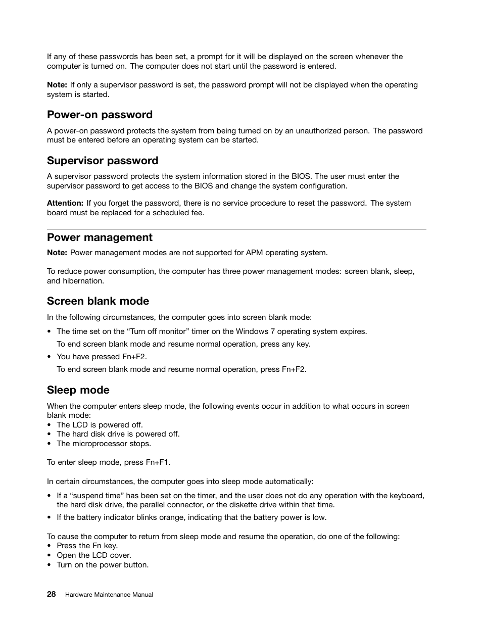 Power-on password, Supervisor password, Power management | Screen blank mode, Sleep mode | Lenovo V480s User Manual | Page 34 / 82