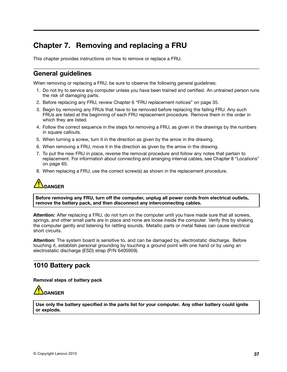 Chapter 7. removing and replacing a fru, General guidelines, 1010 battery pack | Lenovo V480s User Manual | Page 43 / 82