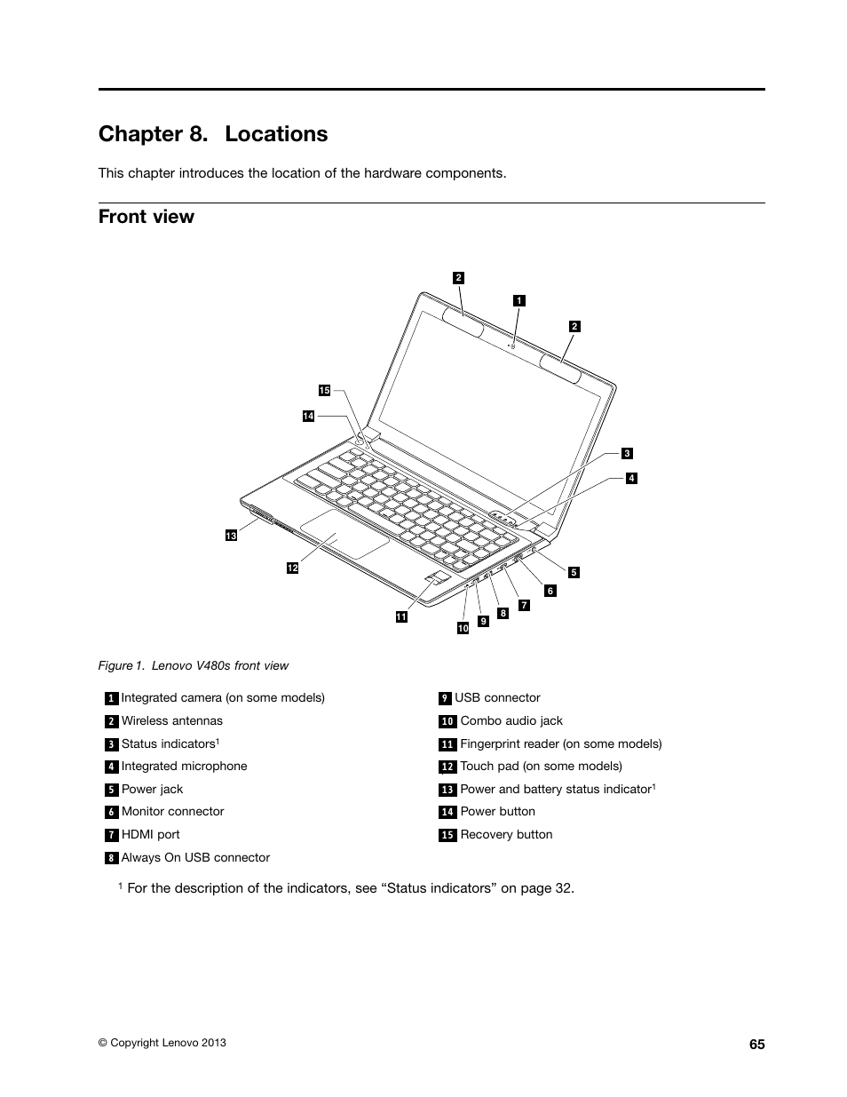 Chapter 8. locations, Front view | Lenovo V480s User Manual | Page 71 / 82