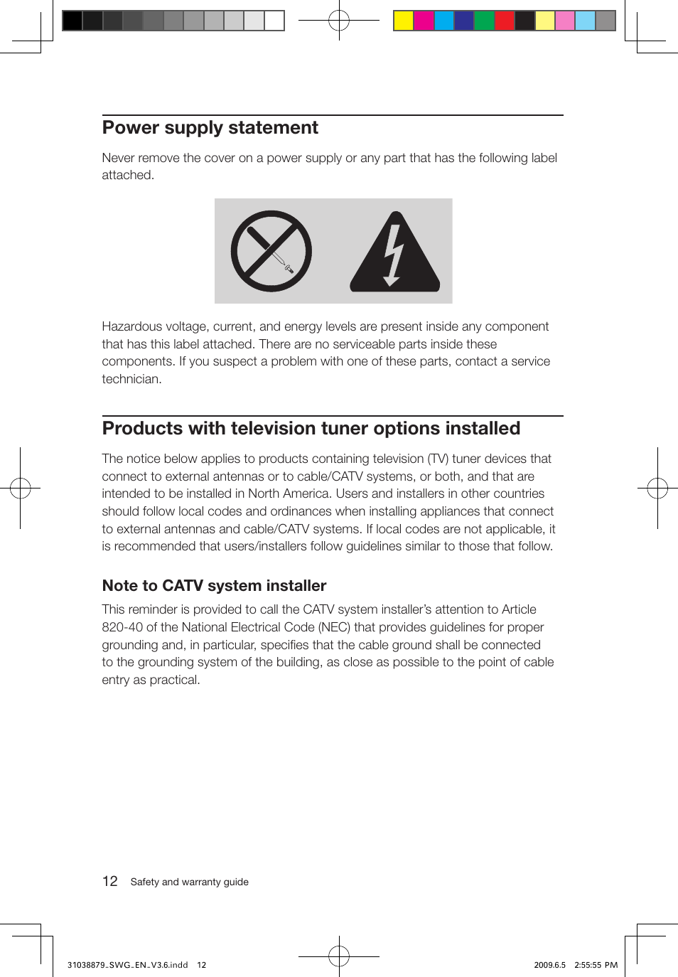 Power supply statement, Products with television tuner options installed | Lenovo 3000 C100 All-In-One User Manual | Page 17 / 39