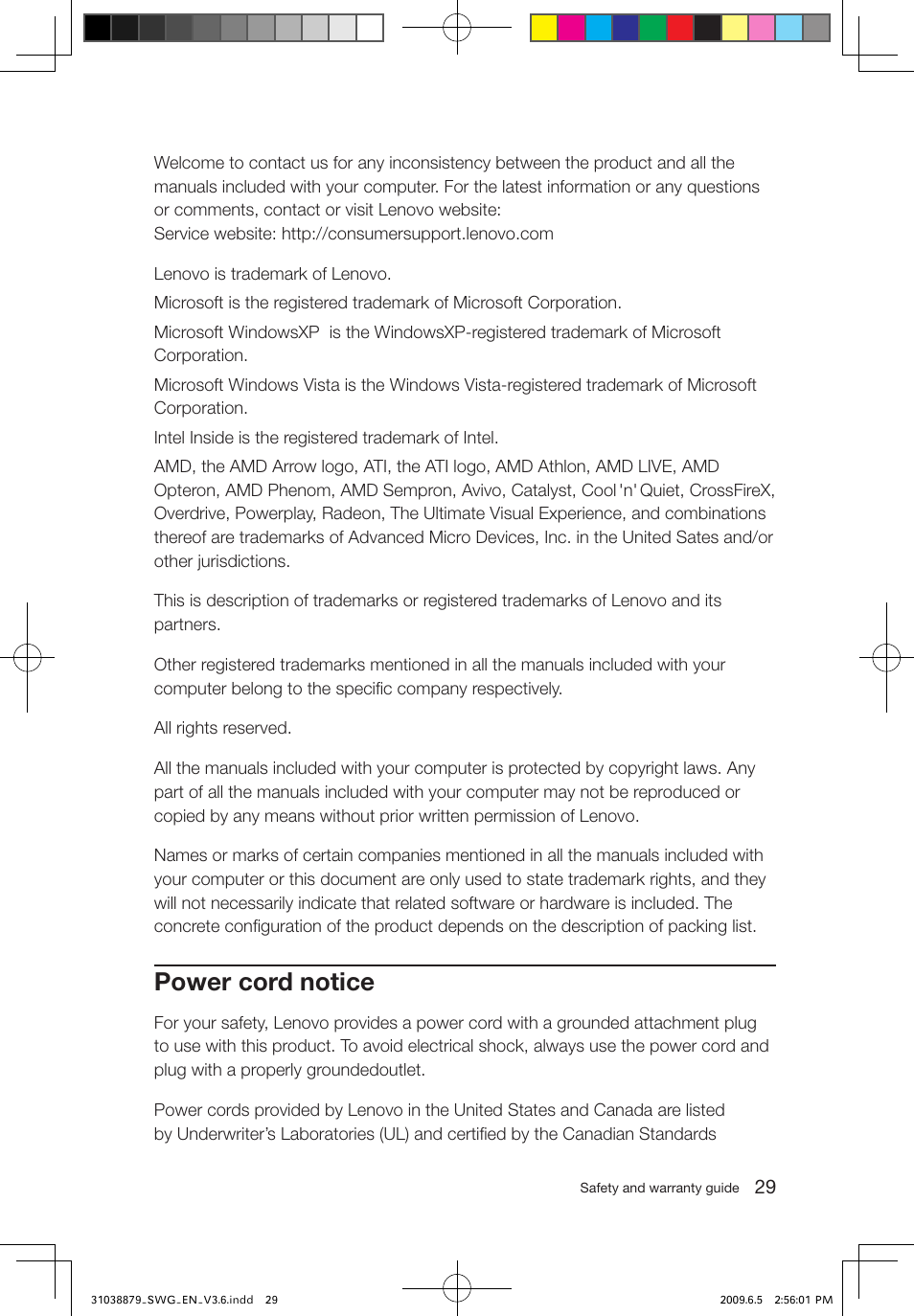Power cord notice | Lenovo 3000 C100 All-In-One User Manual | Page 34 / 39