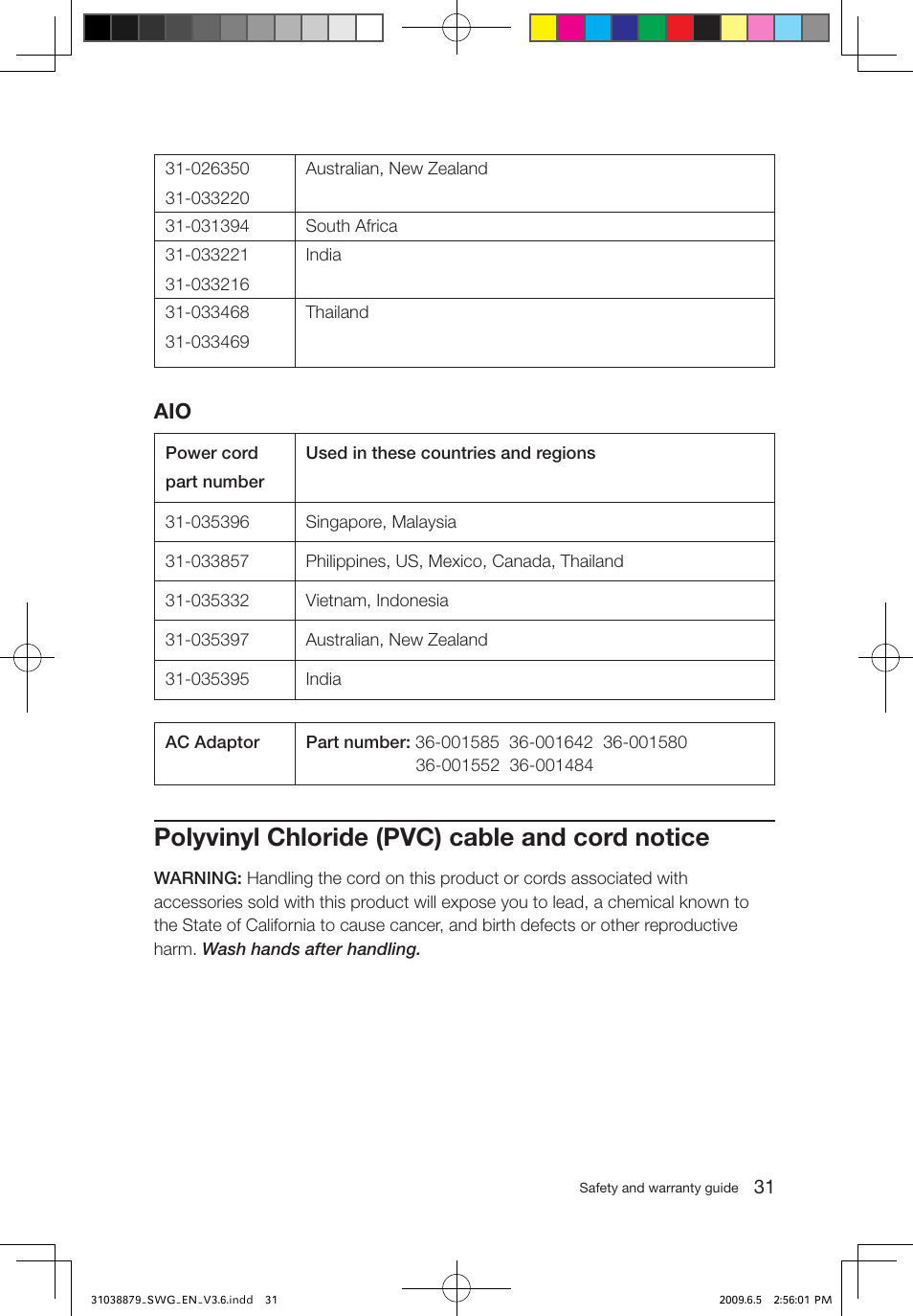 Polyvinyl chloride (pvc) cable and cord notice | Lenovo 3000 C100 All-In-One User Manual | Page 36 / 39