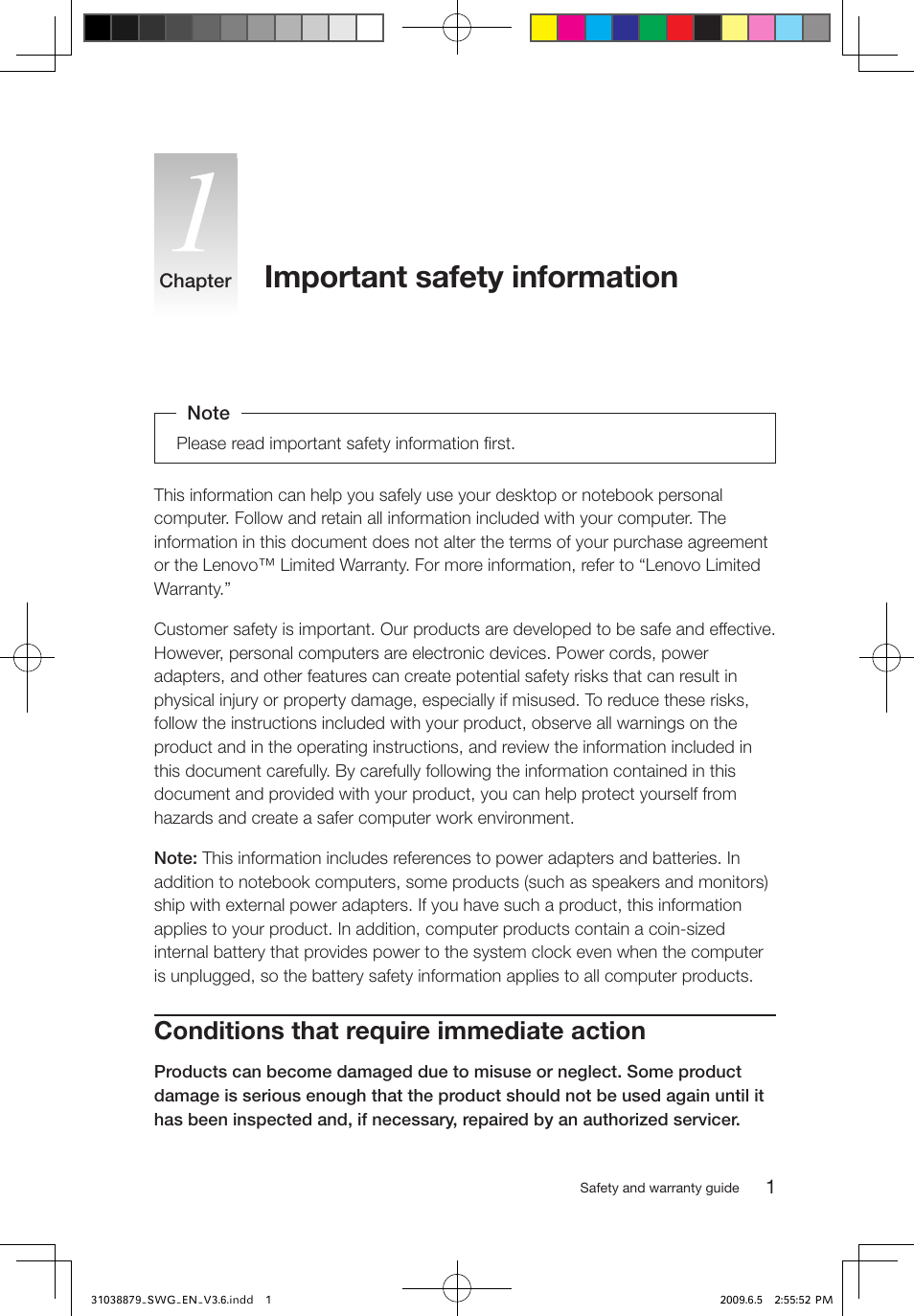 Important safety information, Conditions that require immediate action | Lenovo 3000 C100 All-In-One User Manual | Page 6 / 39