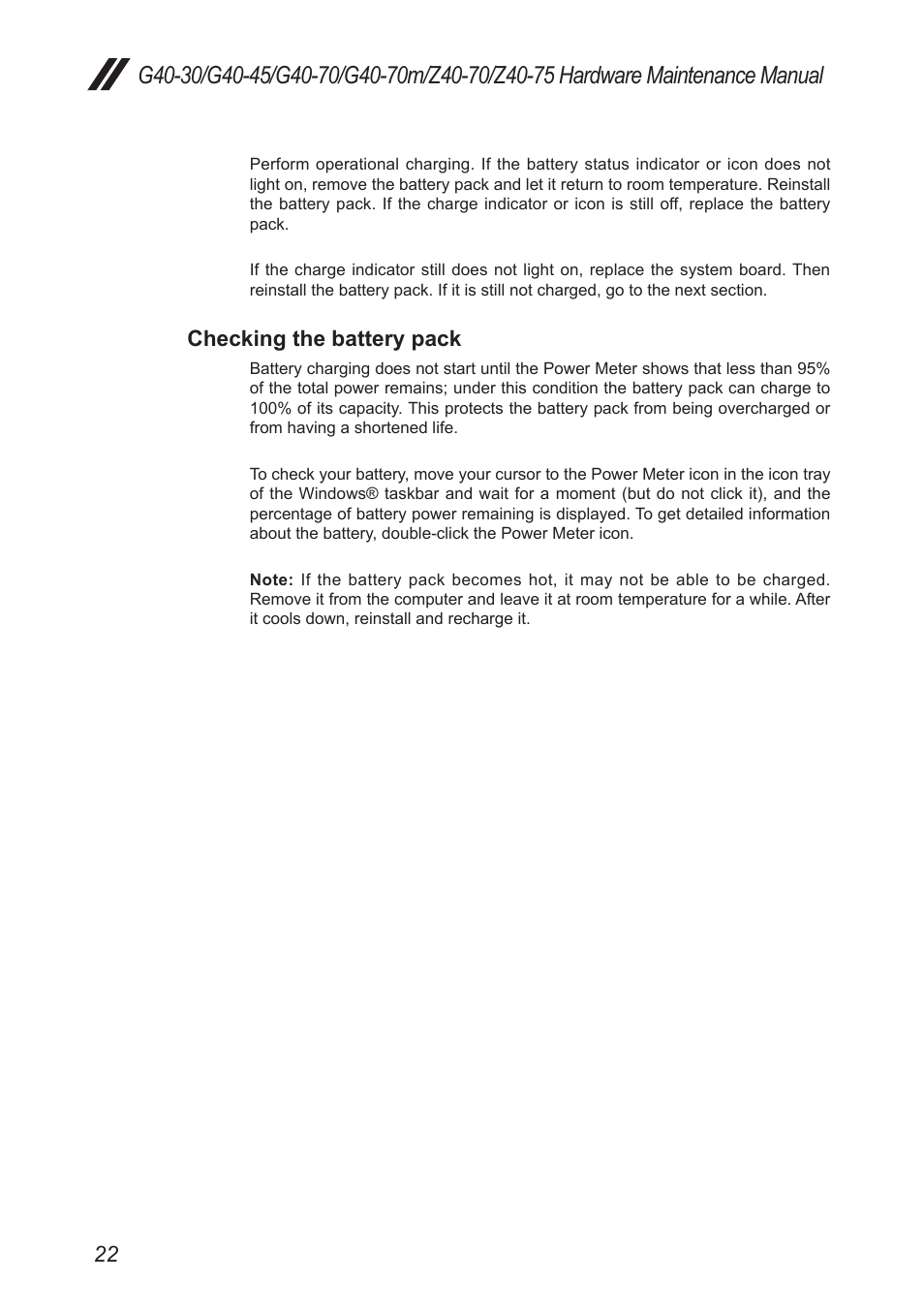 Checking the battery pack | Lenovo G40-45 Notebook Lenovo User Manual | Page 26 / 91