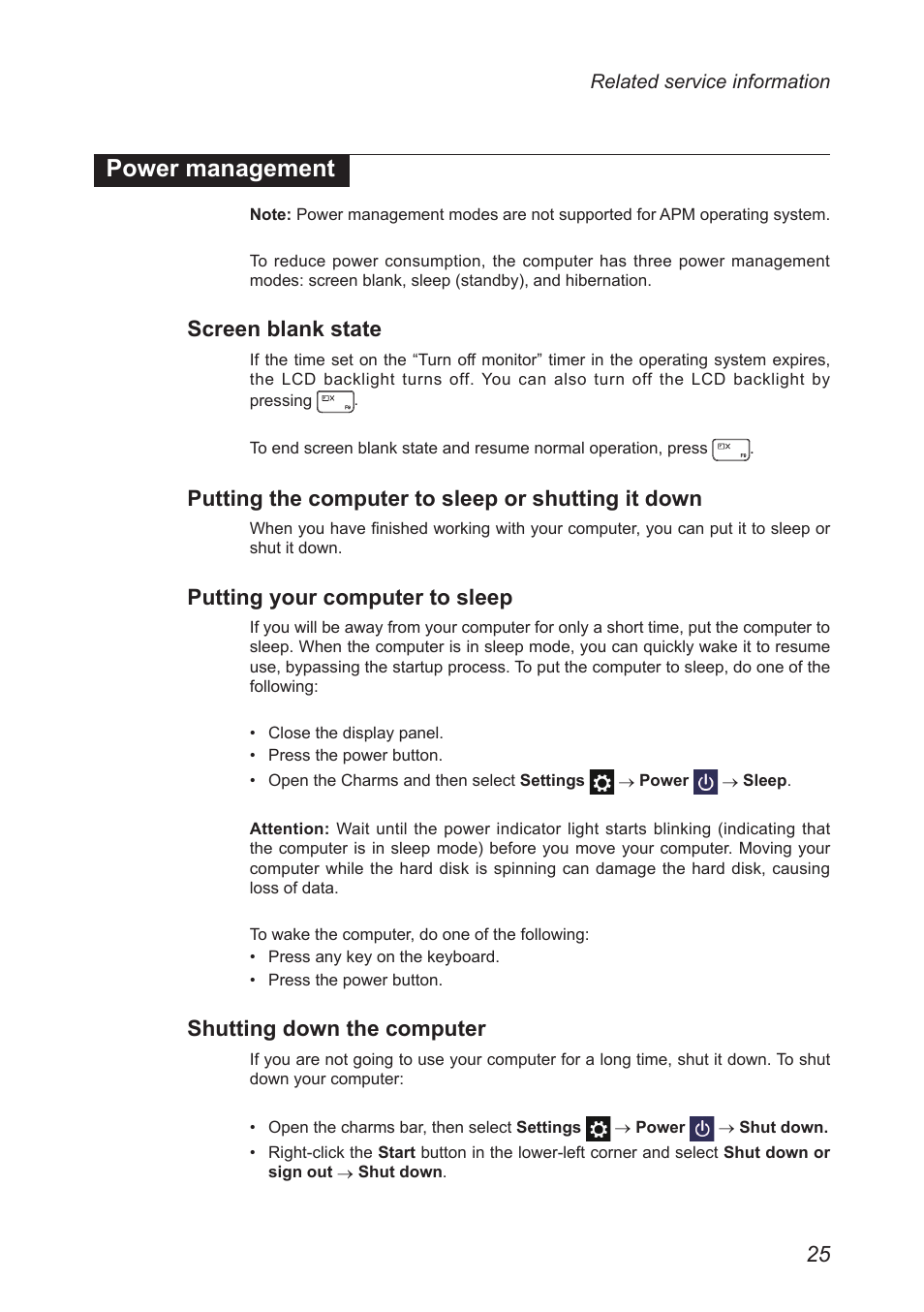 Power management, Screen blank state, Putting the computer to sleep or shutting it down | Putting your computer to sleep, Shutting down the computer, Putting the computer to sleep or shutting, It down | Lenovo G40-45 Notebook Lenovo User Manual | Page 29 / 91