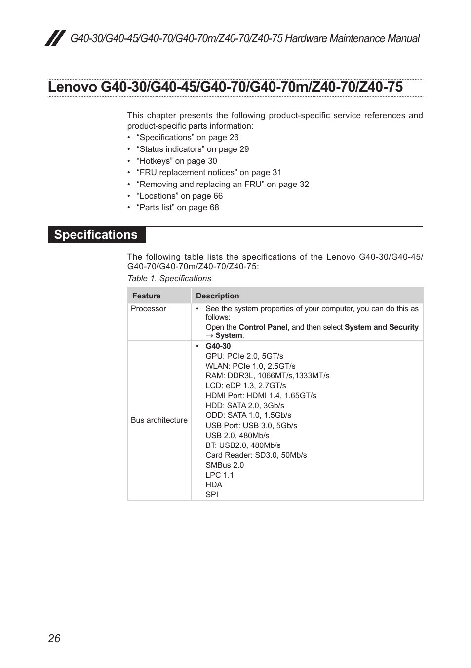 Lenovo g40-30/g40-45/g40-70/g40-70m/z40-70/z40-75, Specifications, Lenovo g40-30/g40-45/g40-70/g40-70m | Z40-70/z40-75 | Lenovo G40-45 Notebook Lenovo User Manual | Page 30 / 91