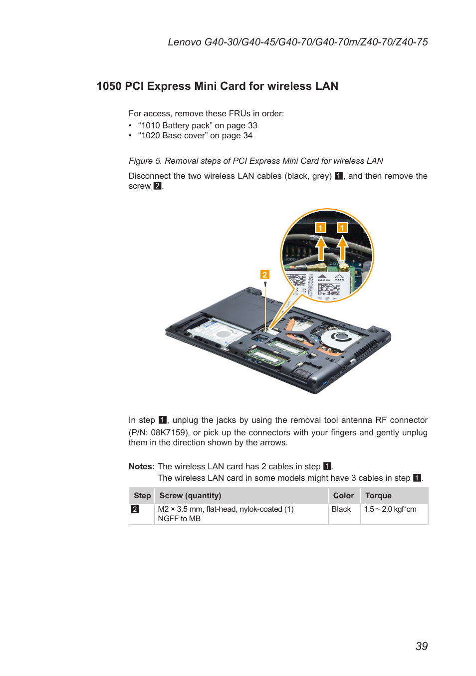 1050 pci express mini card for wireless lan, 1050 pci express mini card for, Wireless lan | Lenovo G40-45 Notebook Lenovo User Manual | Page 43 / 91
