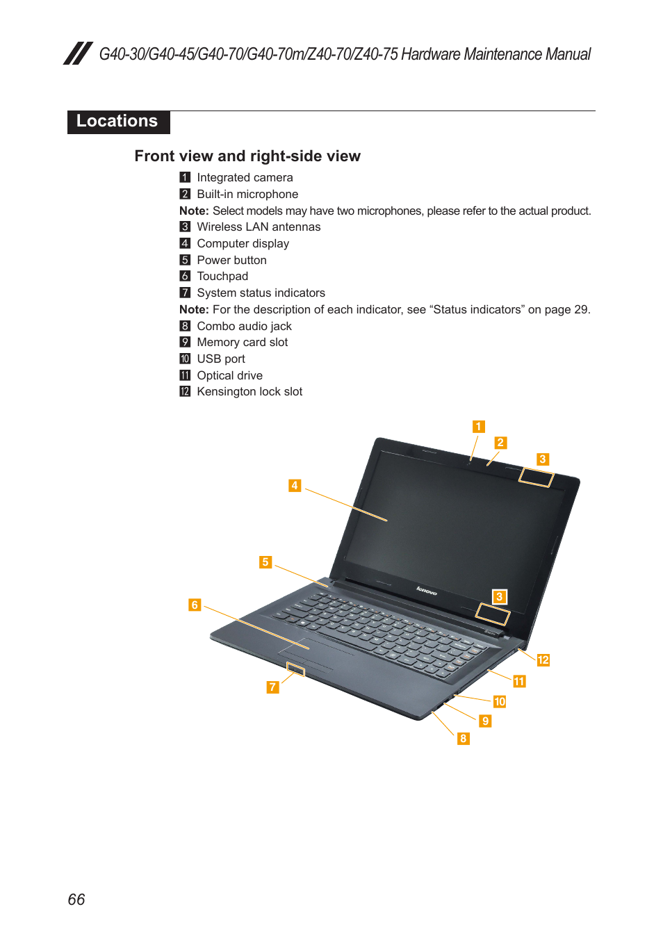 Locations, Front view and right-side view | Lenovo G40-45 Notebook Lenovo User Manual | Page 70 / 91