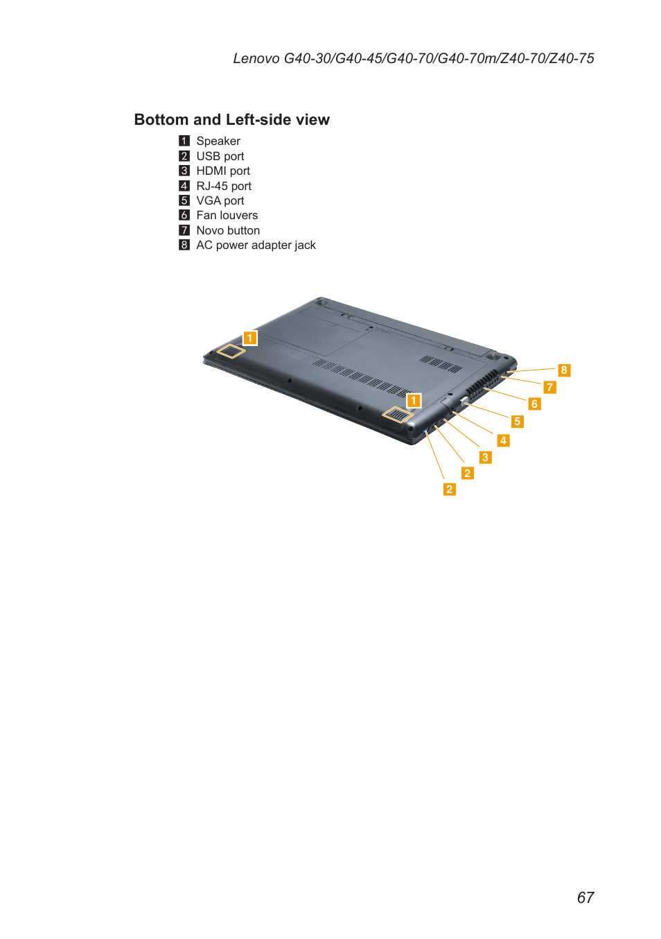 Bottom and left-side view | Lenovo G40-45 Notebook Lenovo User Manual | Page 71 / 91