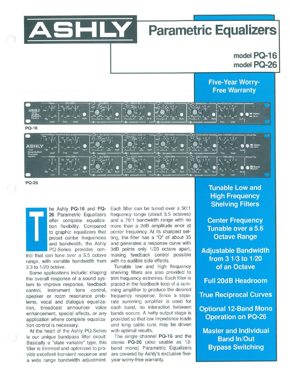 Ashly Parametric Equalizers PQ-16 User Manual | 2 pages