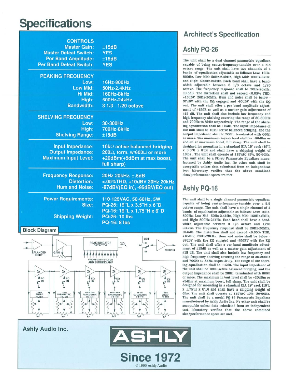 Ashi-y, Specifications, Since 1972 | Architect’s specification ashly pq-26, Ashly pq-16, Ashey audio inc | Ashly Parametric Equalizers PQ-16 User Manual | Page 2 / 2