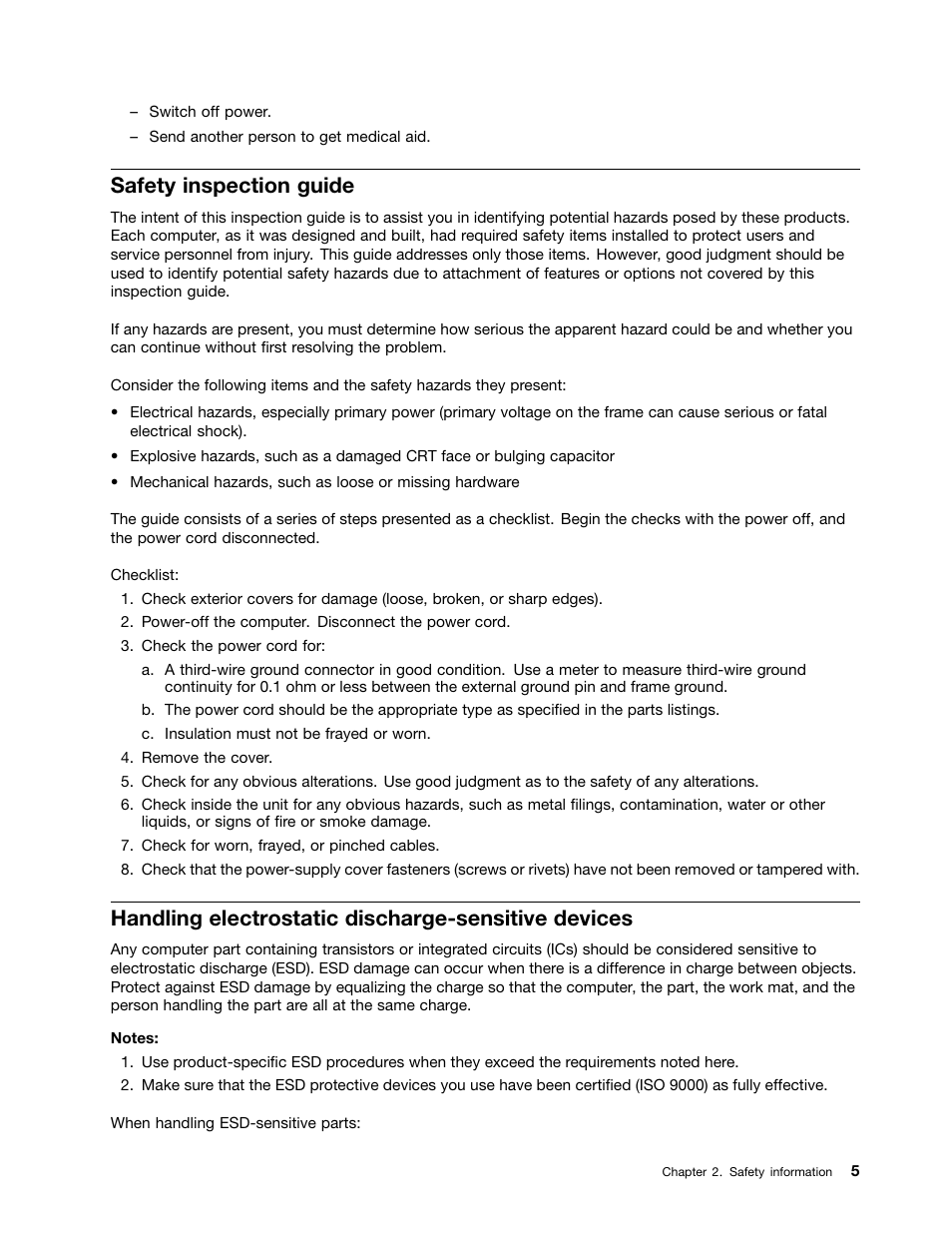 Safety inspection guide, Handling electrostatic discharge-sensitive devices | Lenovo IdeaCentre A530 User Manual | Page 11 / 73