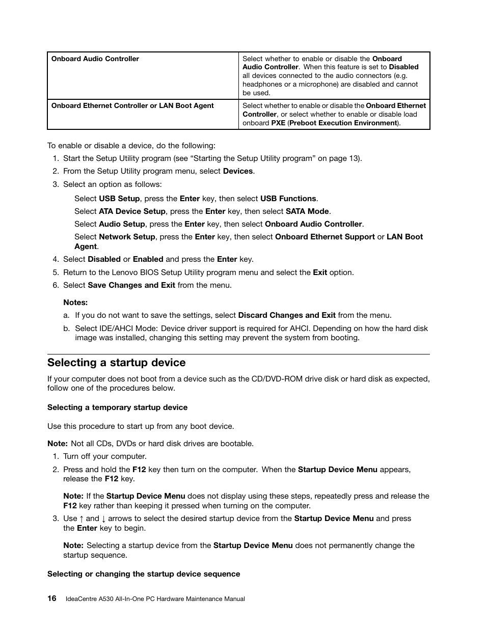 Selecting a startup device | Lenovo IdeaCentre A530 User Manual | Page 22 / 73