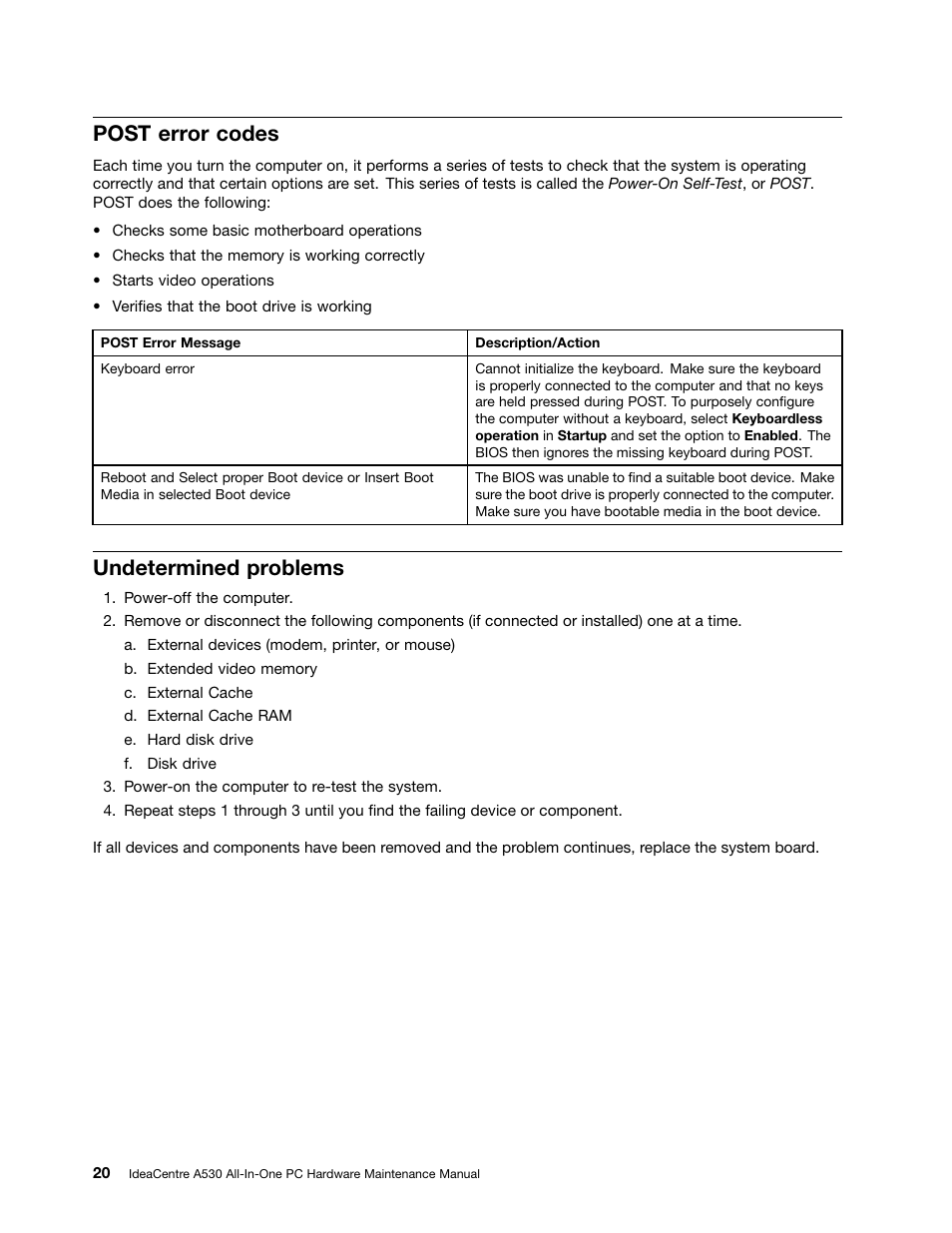 Post error codes, Undetermined problems | Lenovo IdeaCentre A530 User Manual | Page 26 / 73