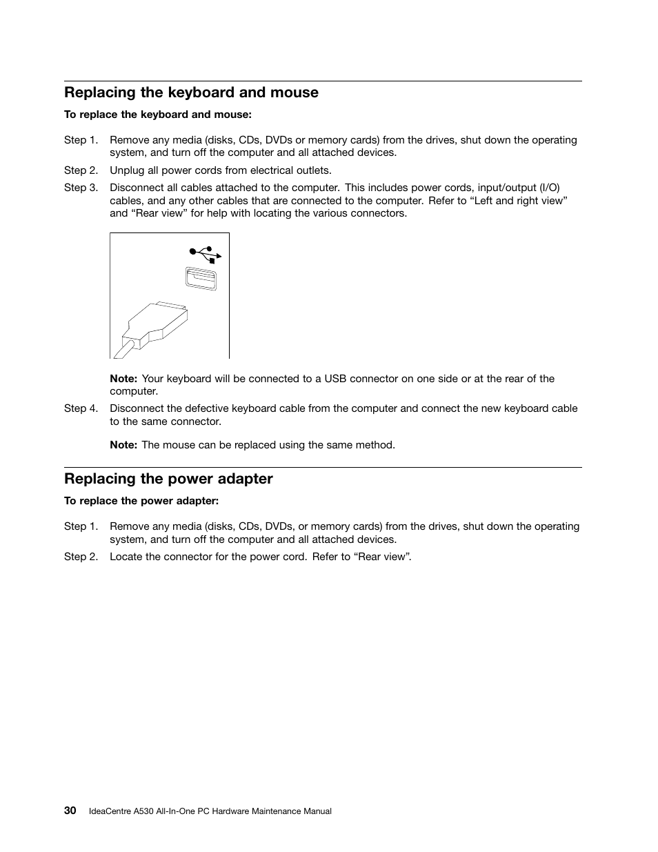 Replacing the keyboard and mouse, Replacing the power adapter | Lenovo IdeaCentre A530 User Manual | Page 36 / 73