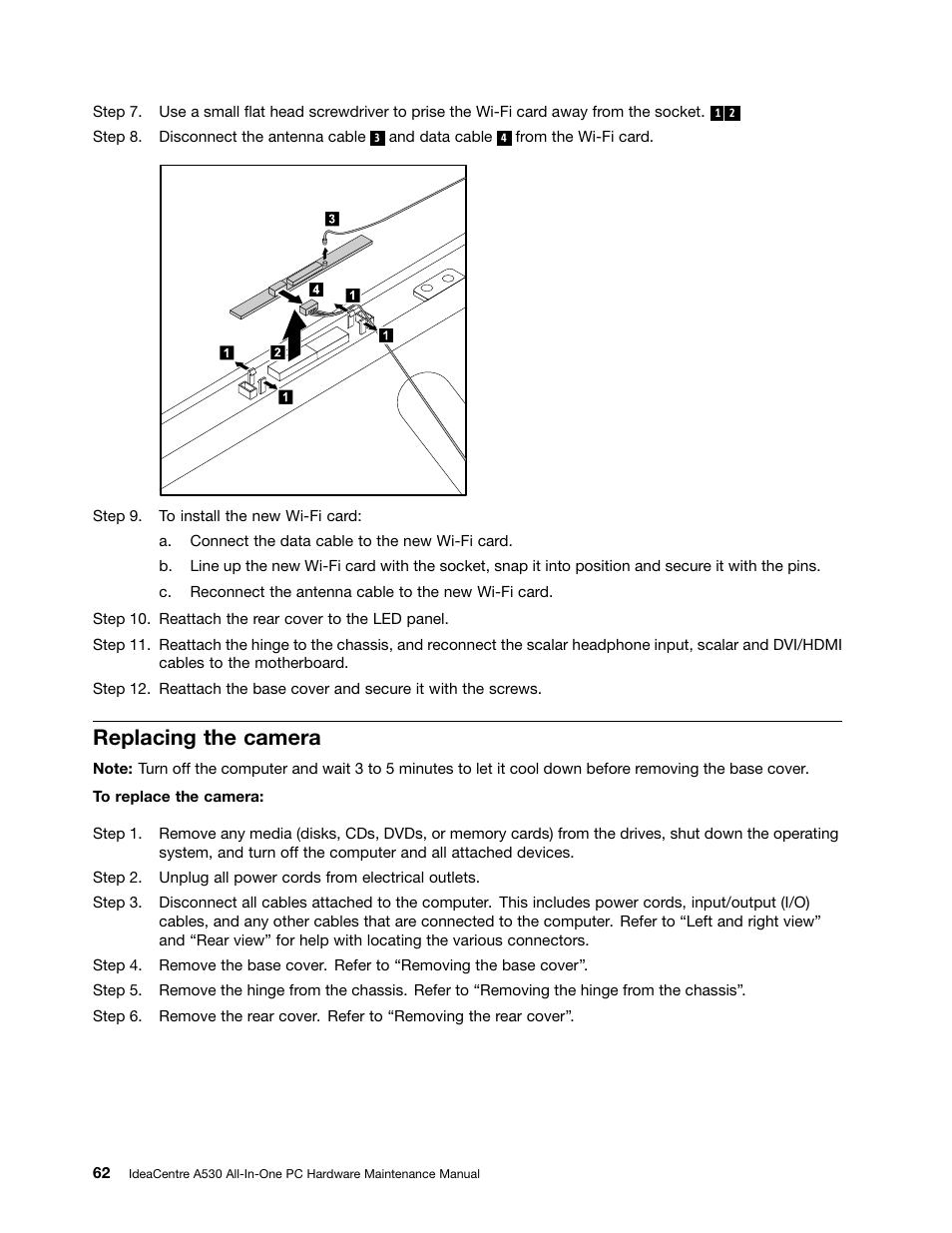 Replacing the camera | Lenovo IdeaCentre A530 User Manual | Page 68 / 73