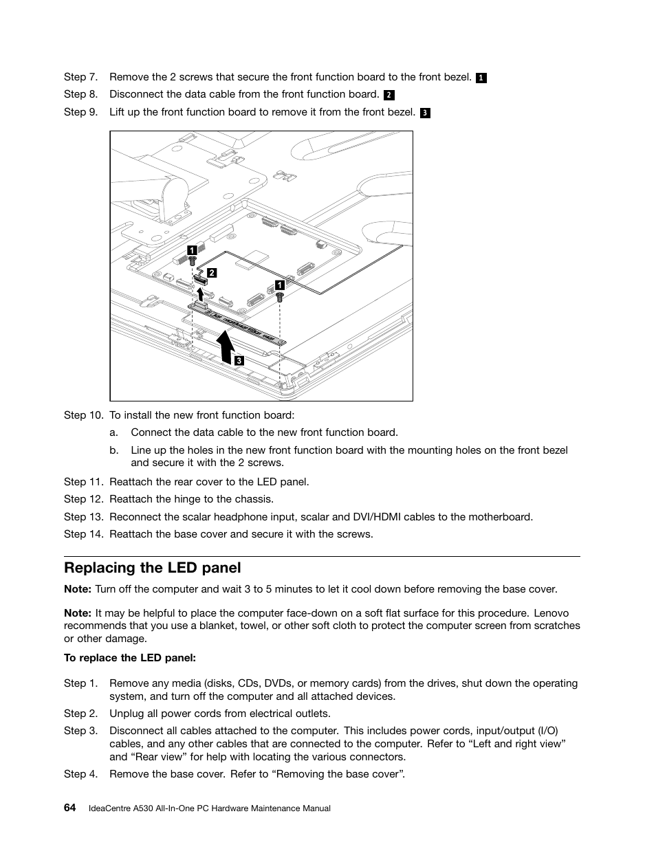 Replacing the led panel | Lenovo IdeaCentre A530 User Manual | Page 70 / 73