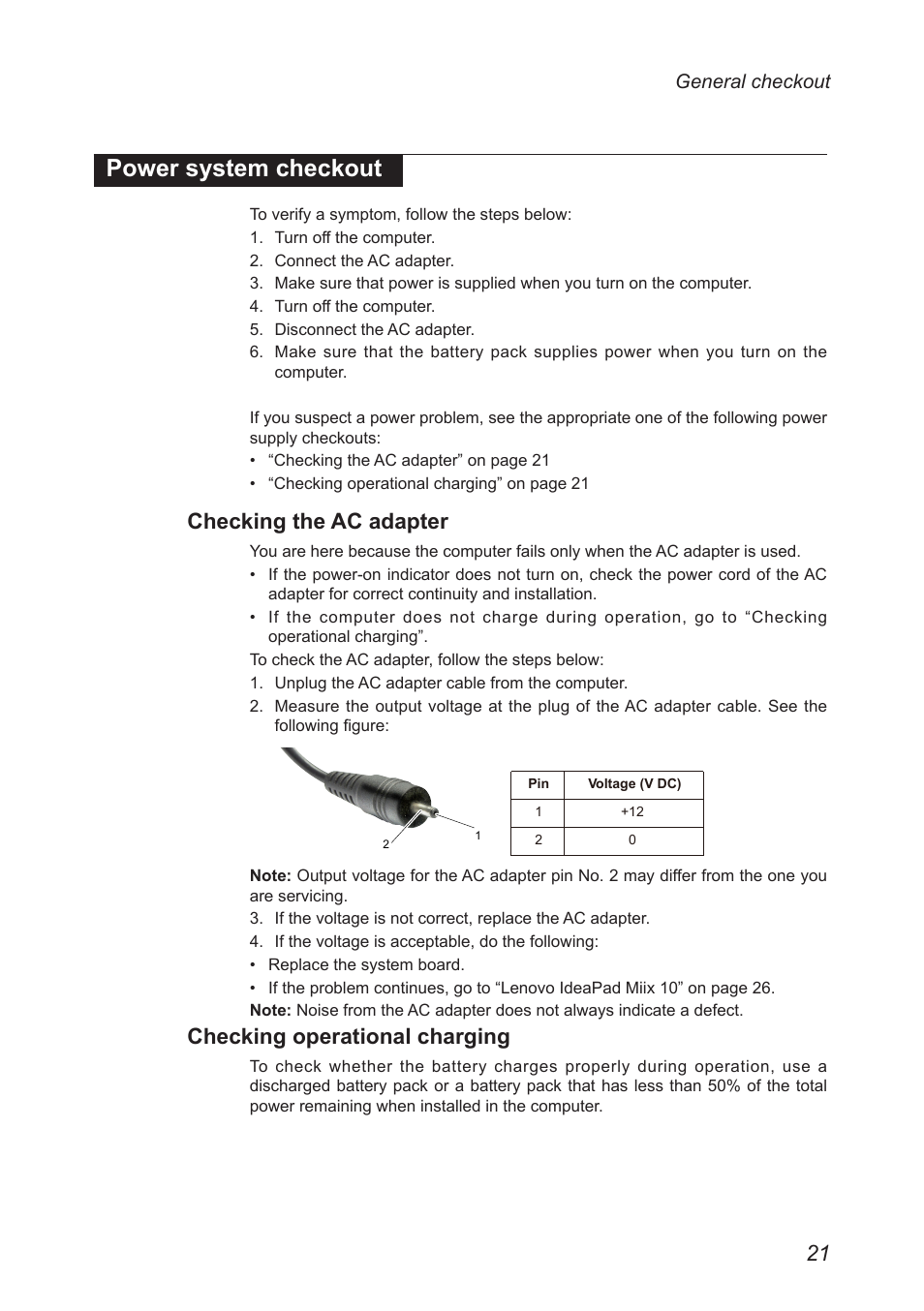 Power system checkout, Checking the ac adapter, Checking operational charging | Lenovo Miix 10 Tablet IdeaPad User Manual | Page 25 / 69