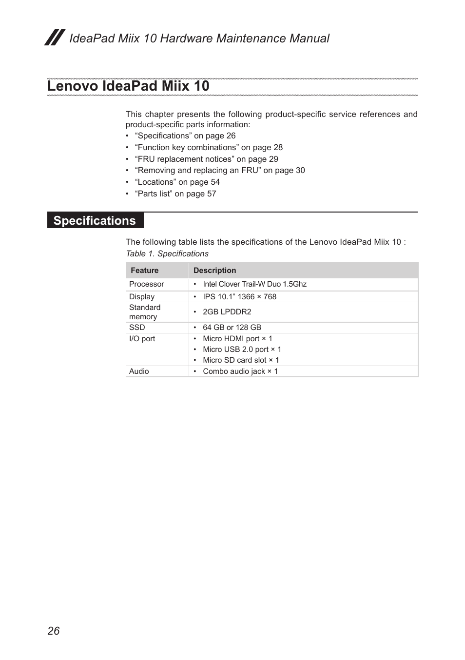 Lenovo ideapad miix 10, Specifications, Ideapad miix 10 hardware maintenance manual | Lenovo Miix 10 Tablet IdeaPad User Manual | Page 30 / 69