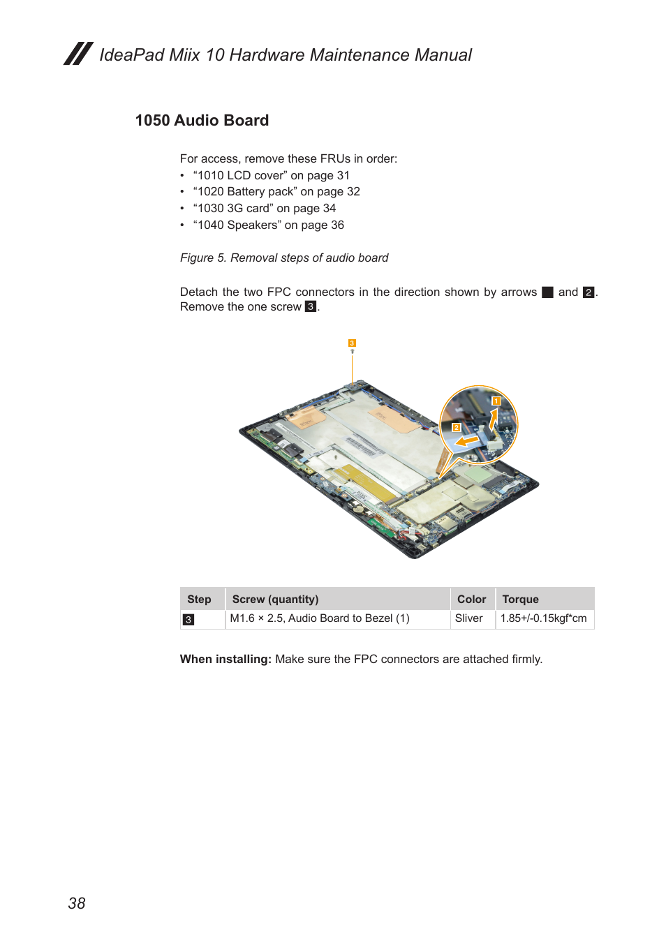 1050 audio board, Ideapad miix 10 hardware maintenance manual | Lenovo Miix 10 Tablet IdeaPad User Manual | Page 42 / 69