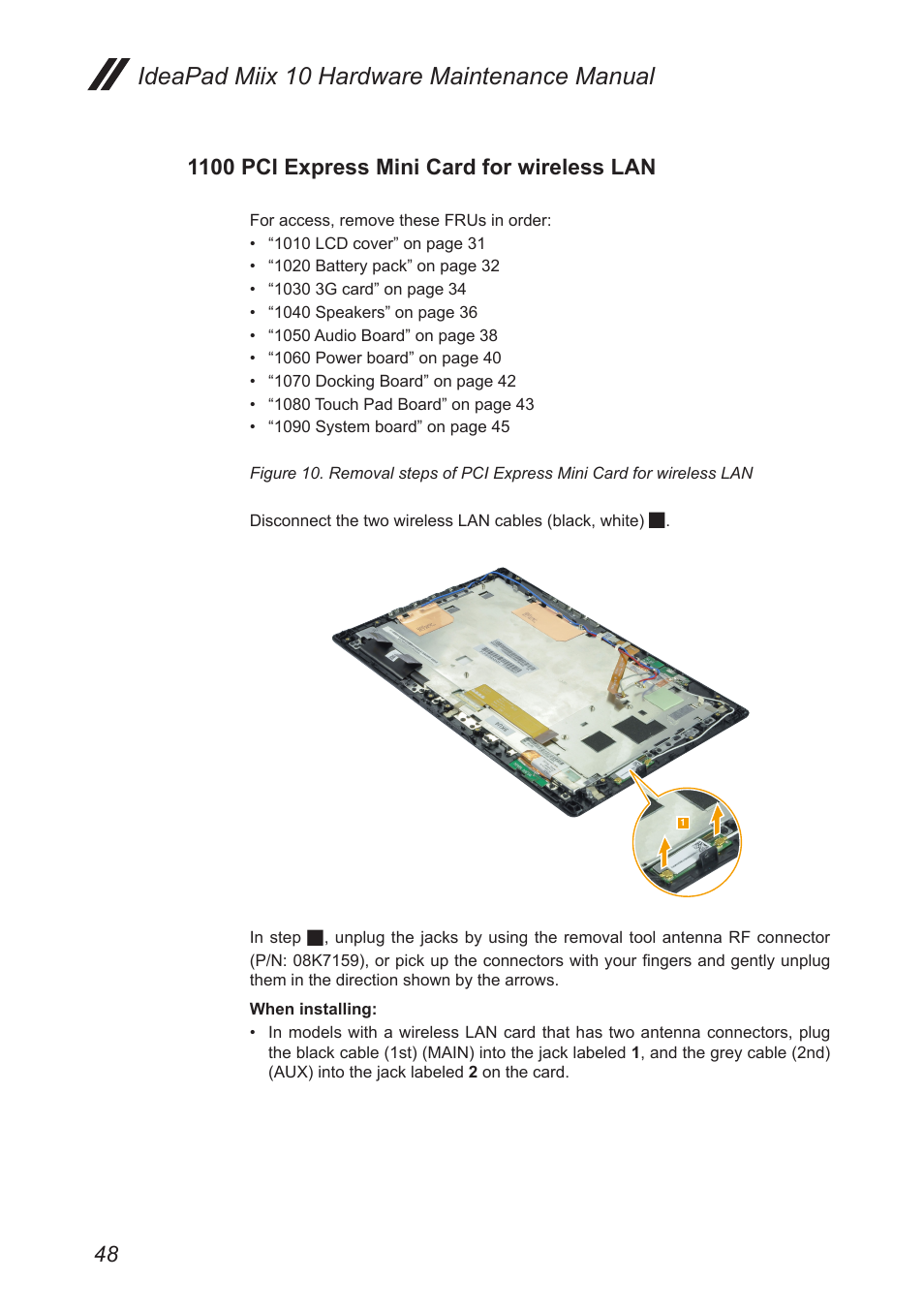 1100 pci express mini card for wireless lan, Ideapad miix 10 hardware maintenance manual | Lenovo Miix 10 Tablet IdeaPad User Manual | Page 52 / 69