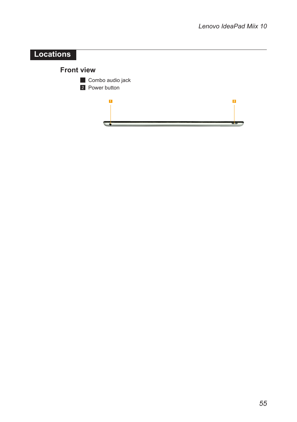 Front view, Locations | Lenovo Miix 10 Tablet IdeaPad User Manual | Page 59 / 69