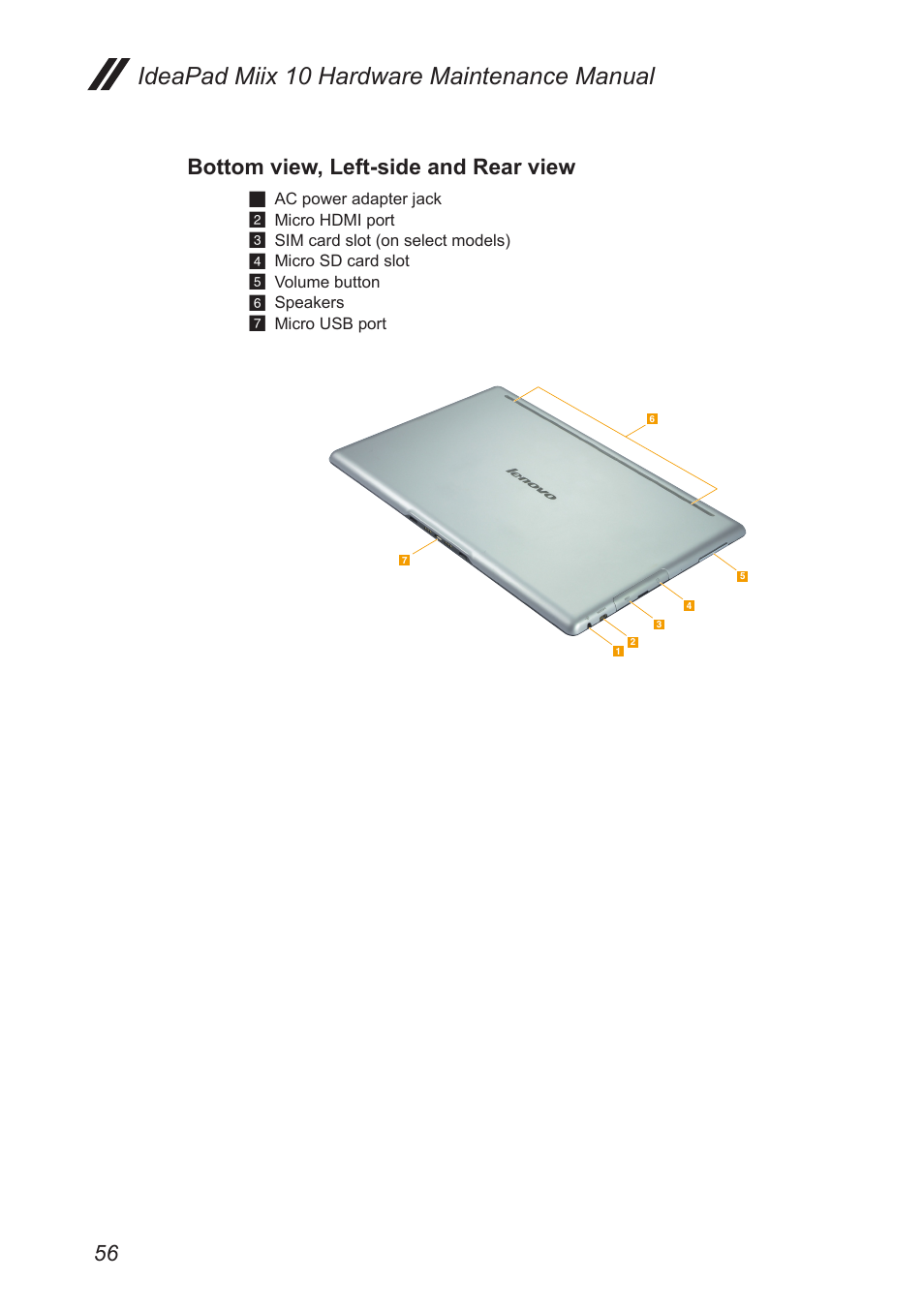 Bottom view, left-side and rear view, Ideapad miix 10 hardware maintenance manual | Lenovo Miix 10 Tablet IdeaPad User Manual | Page 60 / 69