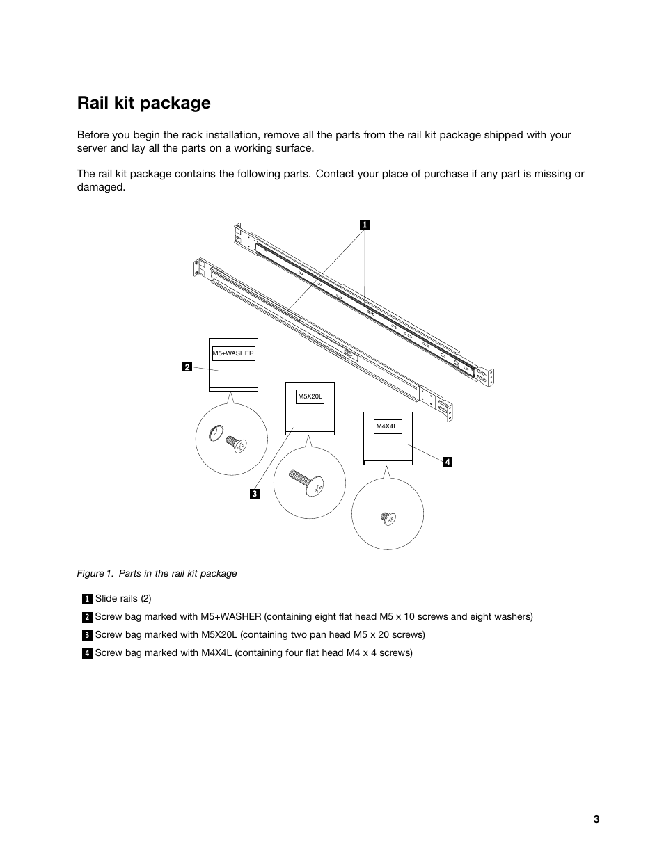 Rail kit package | Lenovo ThinkServer RD230 User Manual | Page 3 / 16