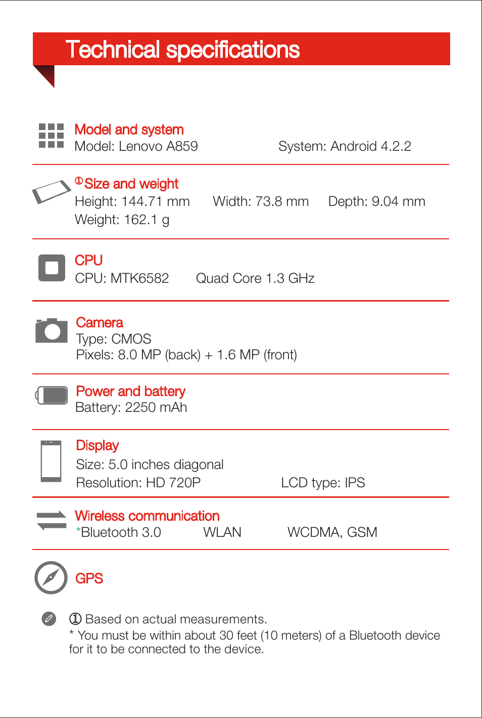 Technical specifications | Lenovo A859 Smartphone Lenovo User Manual | Page 2 / 6