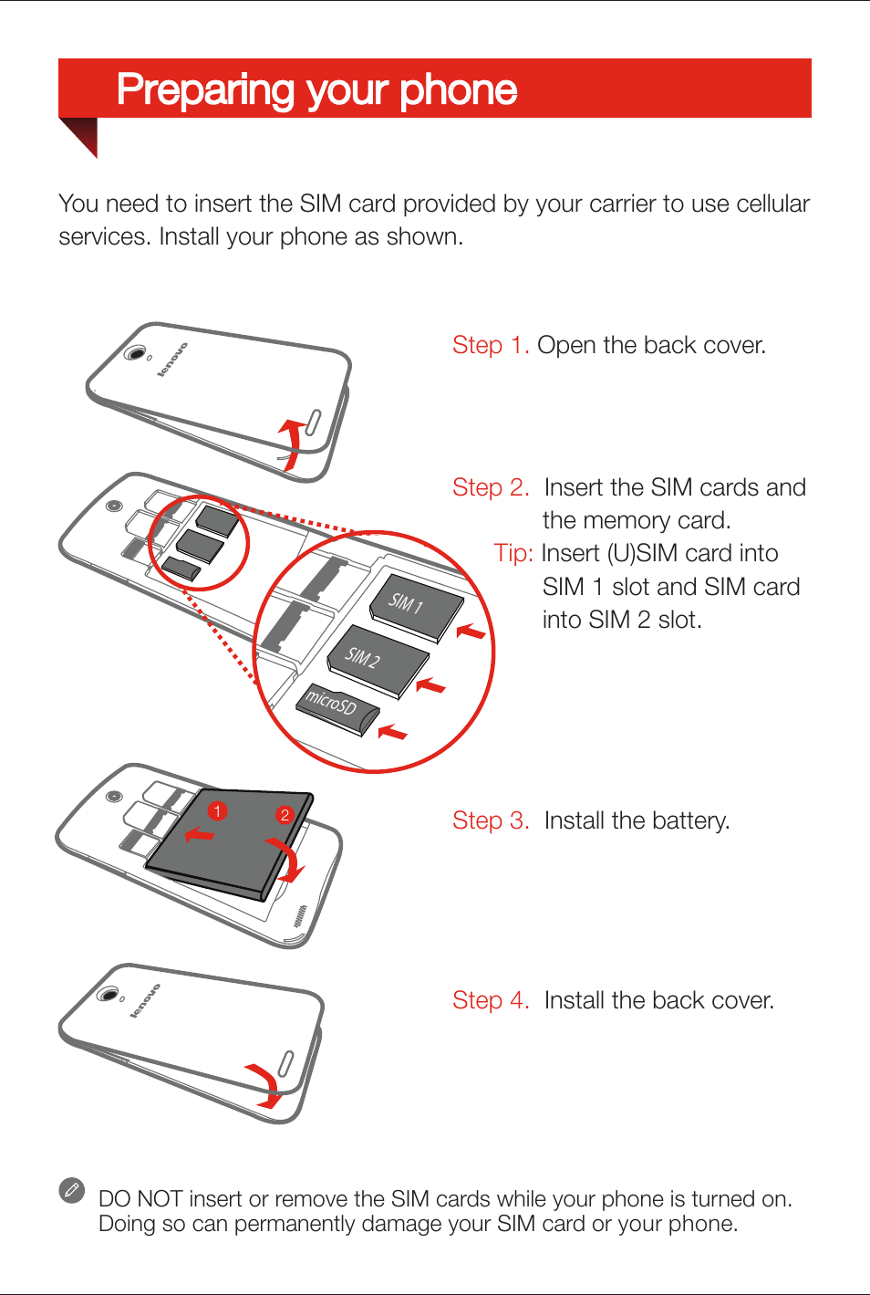 Preparing your phone | Lenovo A859 Smartphone Lenovo User Manual | Page 4 / 6