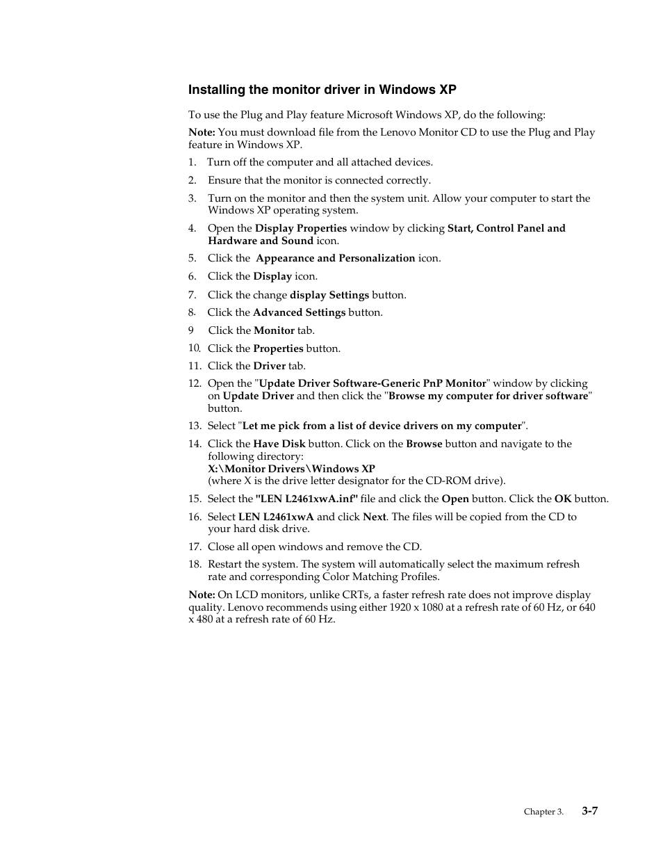 Installing the monitor driver in windows xp | Lenovo L2461x Wide Flat Panel Monitor User Manual | Page 29 / 48