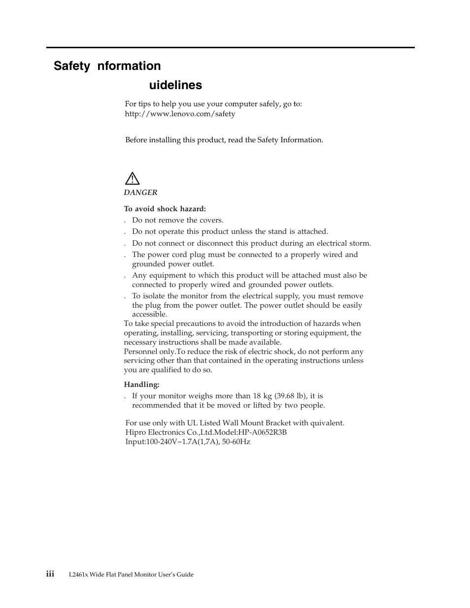 Safety information, Safety information general safety g uidelines | Lenovo L2461x Wide Flat Panel Monitor User Manual | Page 4 / 48