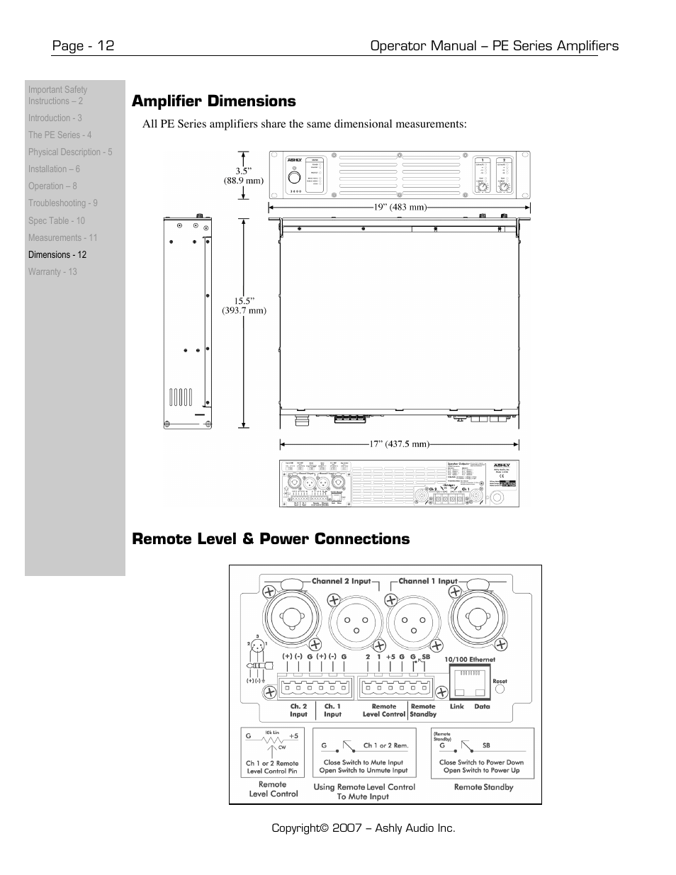 Amplifier dimensions, Remote level & power connections | Ashly PE-Series User Manual | Page 12 / 13