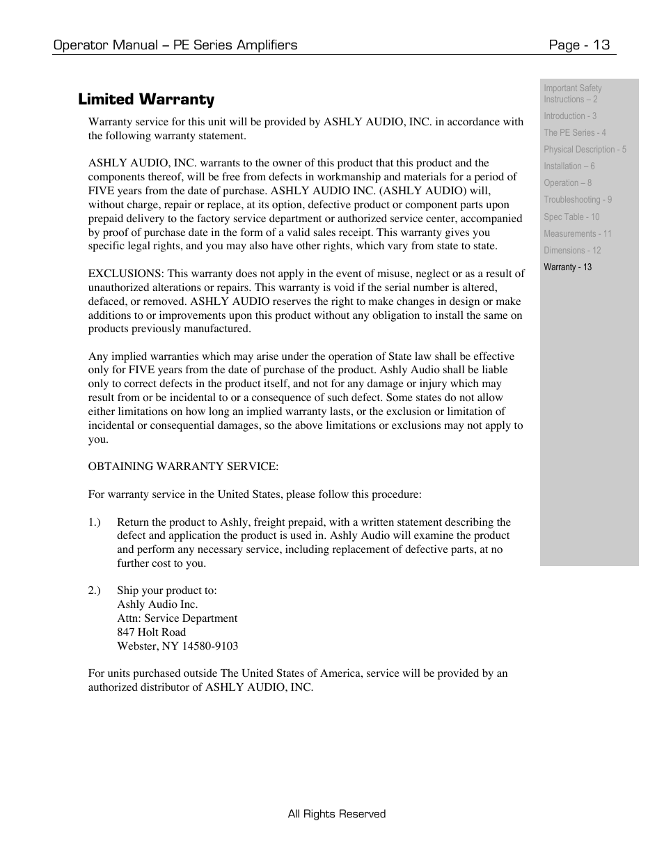 Limited warranty | Ashly PE-Series User Manual | Page 13 / 13
