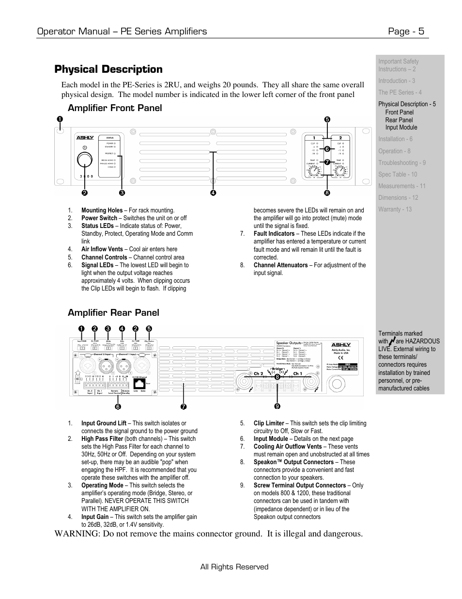Physical description, Operator manual – pe series amplifiers page - 5, Amplifier front panel | Amplifier rear panel | Ashly PE-Series User Manual | Page 5 / 13