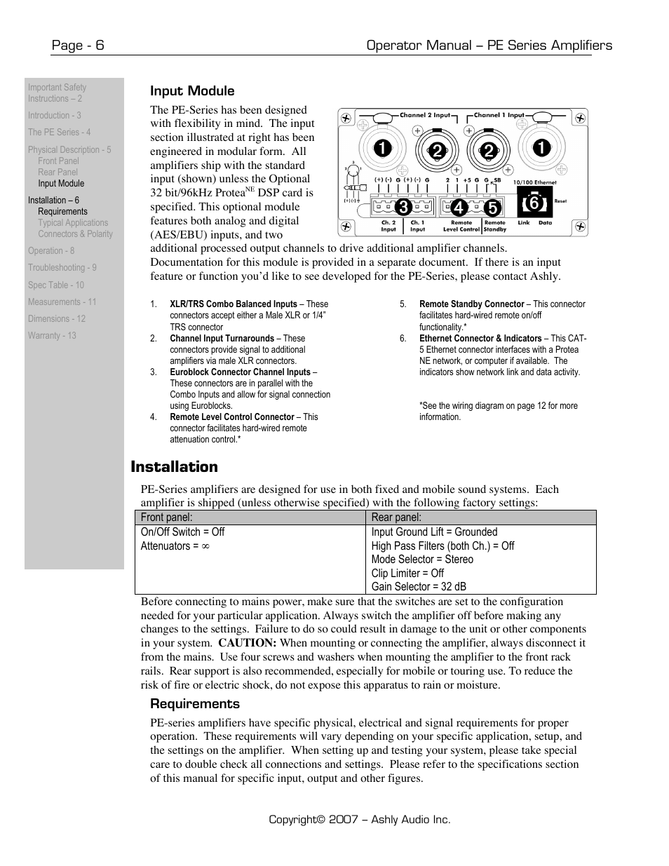 Installation, Page - 6 operator manual – pe series amplifiers, Input module | Requirements | Ashly PE-Series User Manual | Page 6 / 13