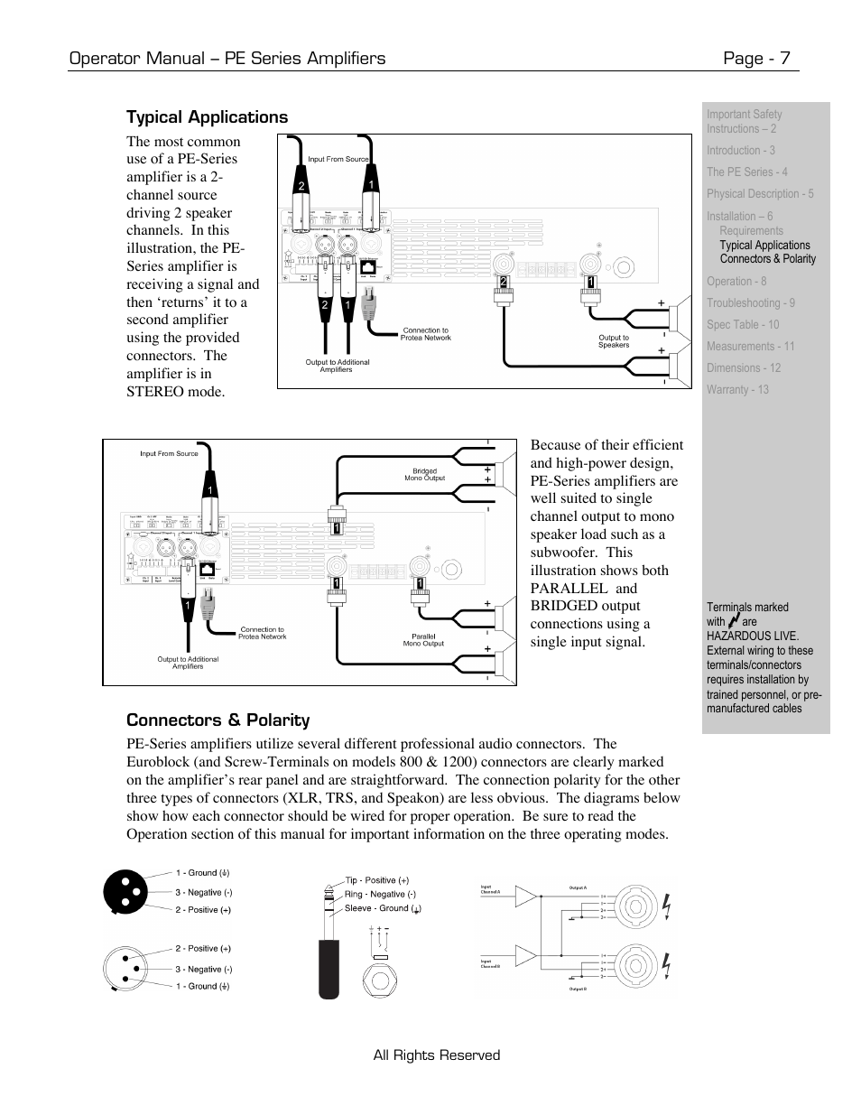 Operator manual – pe series amplifiers page - 7, Typical applications, Connectors & polarity | Ashly PE-Series User Manual | Page 7 / 13