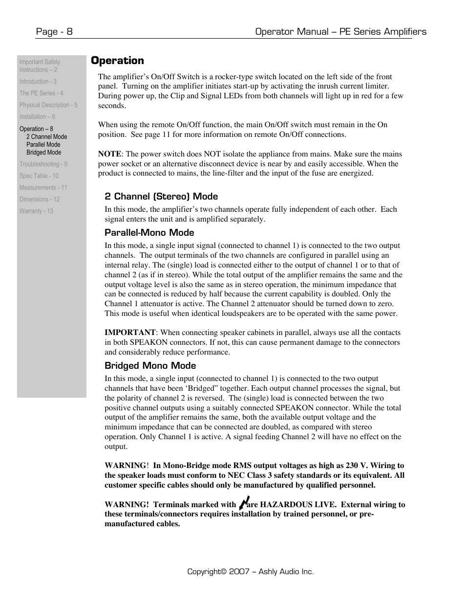 Operation | Ashly PE-Series User Manual | Page 8 / 13